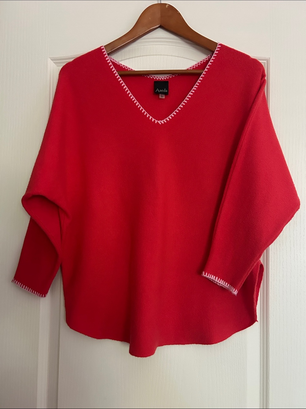 Aaeda Red V-Neck Sweater with Pink Contrast Stitching